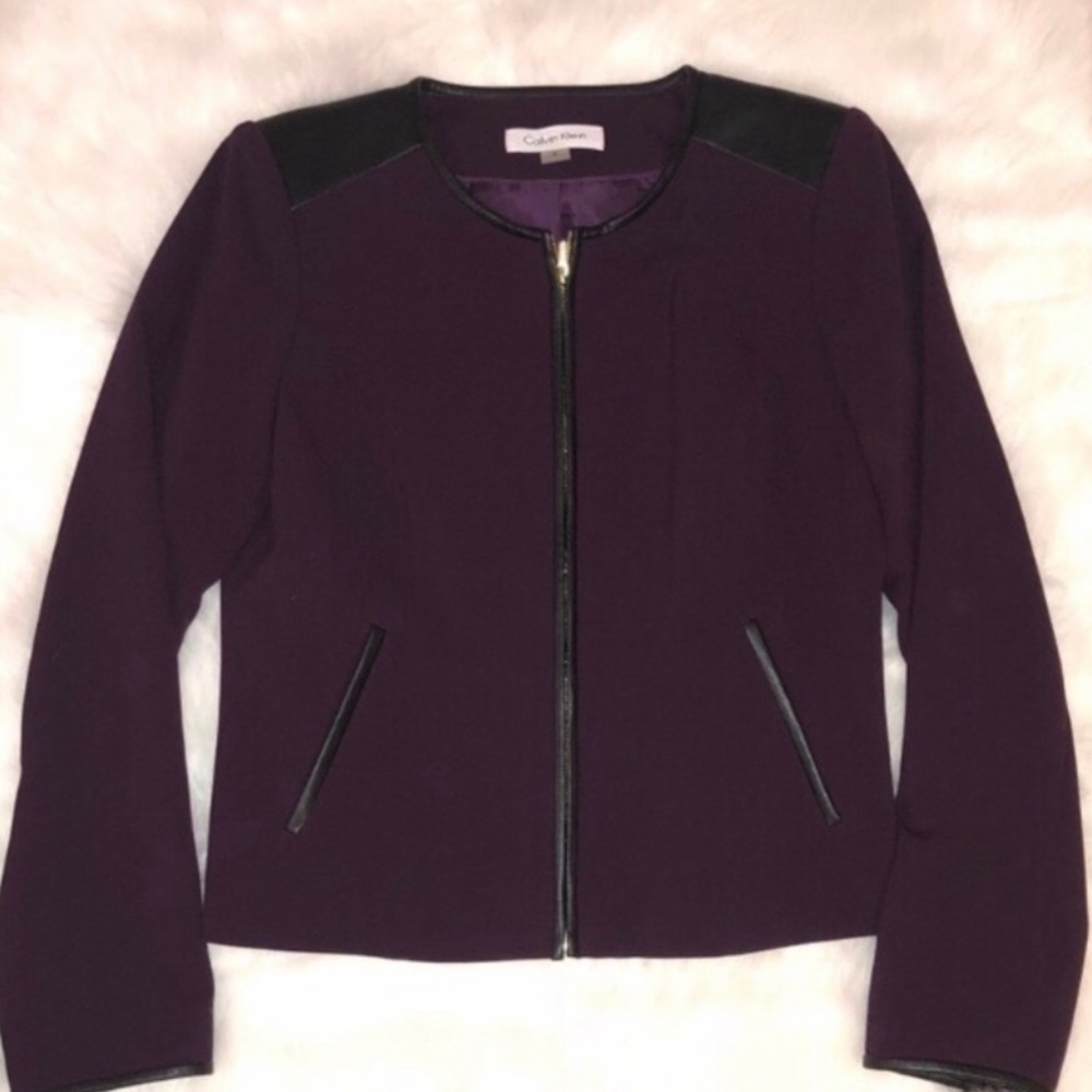 Calvin Klein 🦚 Purple Blazer w Faux Leather Trim - Picture 2 of 5